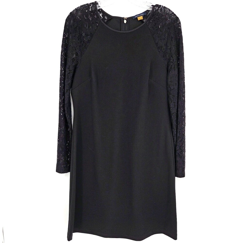 Tommy Hilfiger Womens Black Lace Long Sleeve Shift Dress LBD 10 Cocktail Formal